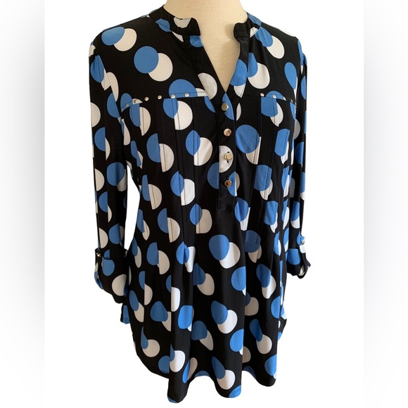 COCOMO Large Black blue white 3/4 sleeve studded women's Pintuck Blouse shirt - Picture 4 of 16